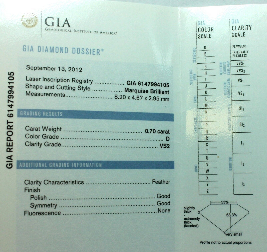 GIA certified loose diamond 0.70ct marquise D VS2 8.20 x 4.67 x 2.95 mm new