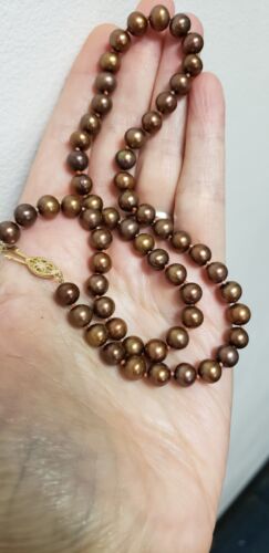 Cultured dyed Brown Chocolate Pearl Necklace 7.5mm 14ky Gold Clasp 18" Vintage
