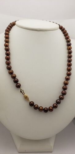 Cultured dyed Brown Chocolate Pearl Necklace 7.5mm 14ky Gold Clasp 18" Vintage