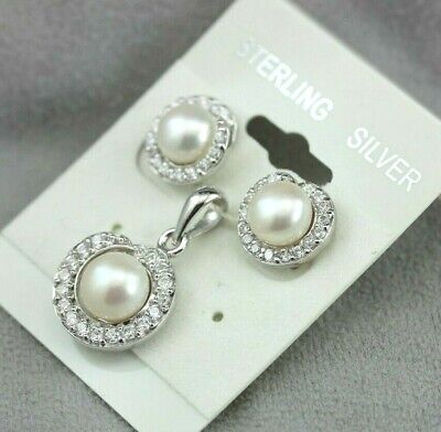 Sterling silver freshwater cultured button pearls CZ stud earrings pendant set