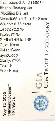 GIA Certified Diamond 0.76 carat Princess Cut F VVS2 5.65 x 4.74 x 3.42 mm NEW