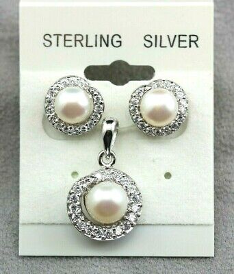 Sterling silver freshwater cultured button pearls CZ stud earrings pendant set