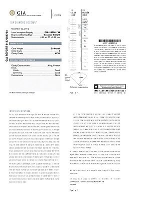 GIA cert diamond marquise brilliant 0.64 carat I color VVS1 6.98x4.55x3.29mm