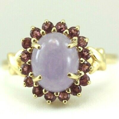 14k yellow gold Lavender Jadeite Jade Natural Rhodolite Garnet Halo Ring estate