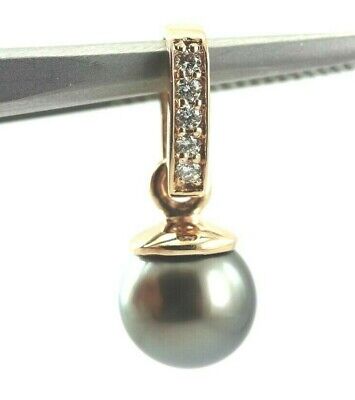 14K PINK GOLD 9MM ROUND BLACK TAHITIAN CULTURED PEARL 0.10CTW DIAMOND PENDANT