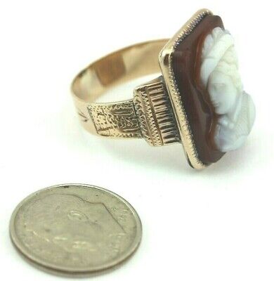 10K YELLOW GOLD CAMEO RING SZ 8 SARDONYX AGATE CHALCEDONY CARVED ENGRAVED ESTATE