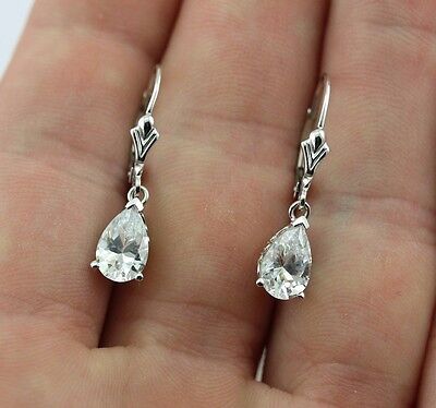 14k white gold pear shape CZ dangle earrings fleur de lis scroll leverback new