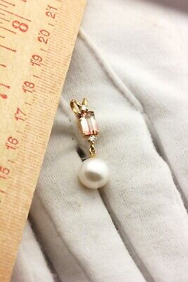 14k yellow gold diamond bicolor tourmaline 9mm cultured pearl dangle pendant new