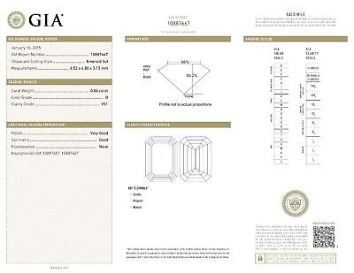 GIA Certified 0.86 carat Diamond Emerald Cut D VS1 6.52 x 4.80 x 3.13 mm Estate