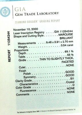 GIA certified marquise diamond 0.54ct D color SI1 9.48x3.91x2.70mm loose new