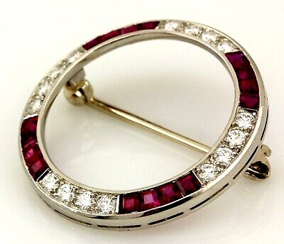 Platinum 2ctw ruby diamond circle pendant brooch estate vintage 14k Art Deco