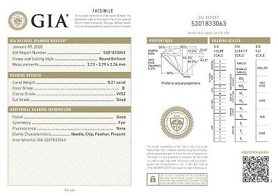 GIA round brilliant diamond 0.21ct D VVS2 3.73-3.79x2.34mm Good Cut new loose