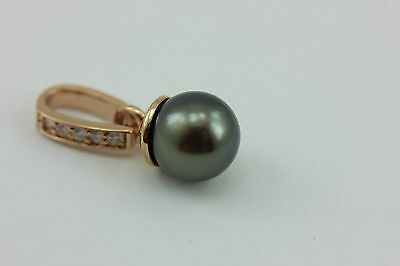 14K PINK GOLD 9MM ROUND BLACK TAHITIAN CULTURED PEARL 0.10CTW DIAMOND PENDANT