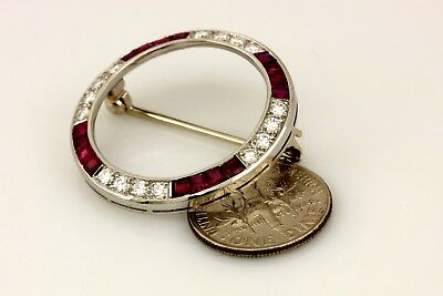 Platinum 2ctw ruby diamond circle pendant brooch estate vintage 14k Art Deco