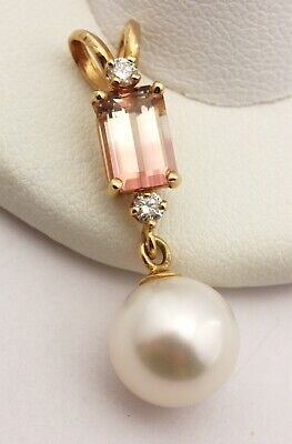14k yellow gold diamond bicolor tourmaline 9mm cultured pearl dangle pendant new