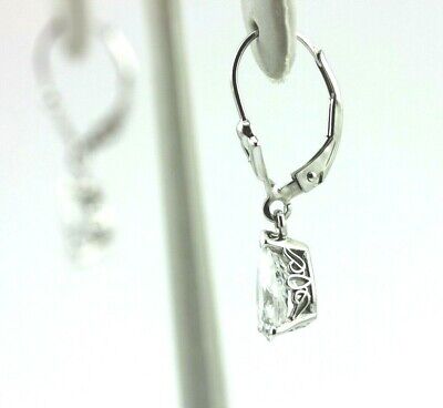 14k white gold pear shape CZ dangle earrings fleur de lis scroll leverback new