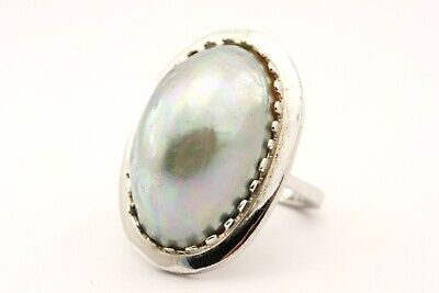 925 sterling silver big imitation Mabe pearl fashion ring estate vintage sz 5.75