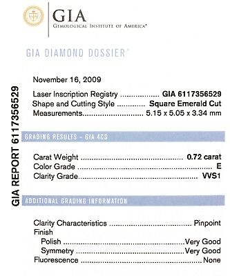 GIA Certified 0.72 carat Diamond Asscher Cut E VVS1 5.15 x 5.05 x 3.34 mm NEW