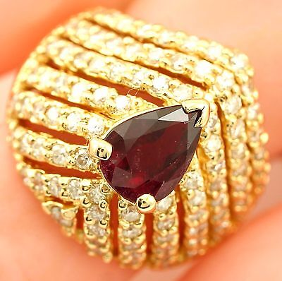 14k yellow gold 1.52ct red ruby pear shape 1.21ctw round diamond ring size 4.75
