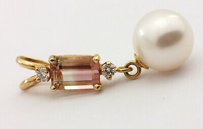 14k yellow gold diamond bicolor tourmaline 9mm cultured pearl dangle pendant new