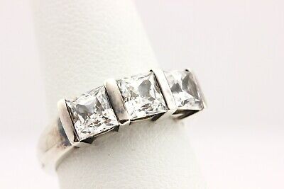 925 STERLING SILVER 3 STONE CZ 5 MM PRINCESS ENGAGEMENT RING SZ 5 WEDDING ESTATE