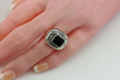 925 STERLING SILVER BLACK ONYX RECTANGLE HEAVY WEAVE RING SZ 6 THAILAND 18.2g
