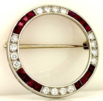 Platinum 2ctw ruby diamond circle pendant brooch estate vintage 14k Art Deco