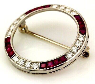 Platinum 2ctw ruby diamond circle pendant brooch estate vintage 14k Art Deco
