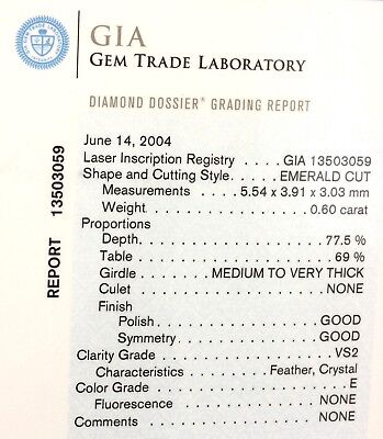 GIA Certified 0.60 carat Diamond Emerald Cut E VS2 5.54 x 3.91 x 3.03 mm NEW