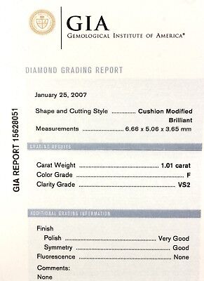 GIA Certified 1.01ct Cushion Cut Loose Diamond F VS2 6.66 x 5.06 x 3.65 mm NEW
