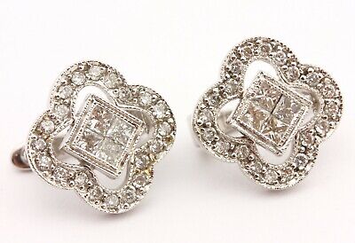 14k white gold .83ctw diamond clover 1/2 inch earrings estate invisible set