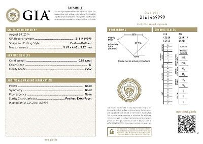 GIA Certified 0.59 carat Cushion Cut Diamond G VVS2 5.67 x 4.62 x 3.12 mm NEW