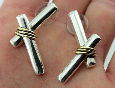 925 sterling silver two tone brass wire cross X earrings Taxco Mexico vintage