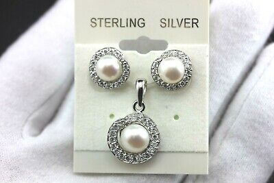 Sterling silver freshwater cultured button pearls CZ stud earrings pendant set