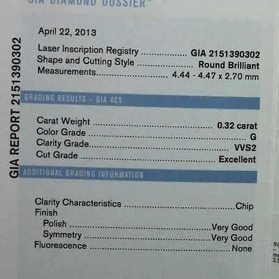 GIA Loose Certified 0.32 ct Round Diamond VVS2 G 4.44-4.47x2.70mm Excellent Cut