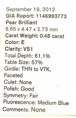 NEW GIA loose natural diamond 0.48 ct pear brilliant E VS1 6.65 x 4.47 x 2.73 mm