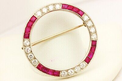 Platinum 2ctw ruby diamond circle pendant brooch estate vintage 14k Art Deco