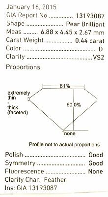 NEW GIA 0.44 ct diamond pear brilliant shape D VS2 6.88x4.45x3.67mm Good/Good