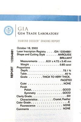 GIA 0.85ct marquise loose diamond E/SI2 Good/Good 8.51 x 4.72 x 3.45 mm estate