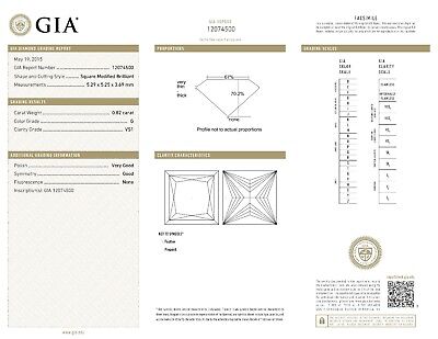 GIA Certified Diamond 0.82 ct Princess Cut G VS1 5.29 x 5.25 x 3.69 mm NEW loose