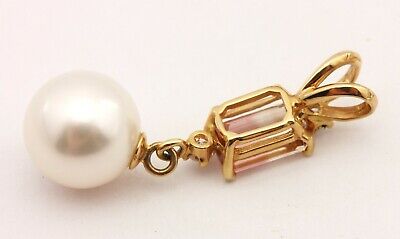 14k yellow gold diamond bicolor tourmaline 9mm cultured pearl dangle pendant new