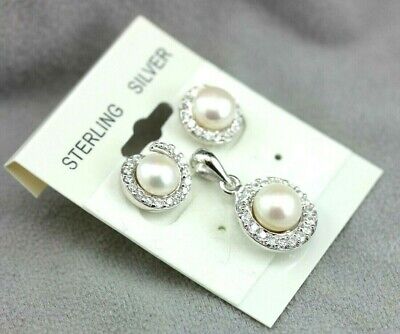 Sterling silver freshwater cultured button pearls CZ stud earrings pendant set