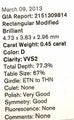 GIA Diamond 0.45 carat Rectangular Princess Cut D VVS2 4.73 x 3.83 x 2.96 mm NEW
