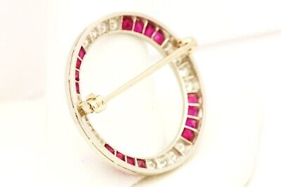 Platinum 2ctw ruby diamond circle pendant brooch estate vintage 14k Art Deco