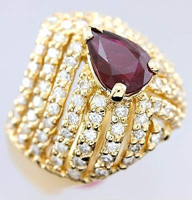 14k yellow gold 1.52ct red ruby pear shape 1.21ctw round diamond ring size 4.75