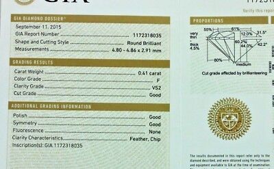 GIA CERTIFIED LOOSE NATURAL DIAMOND .41CT ROUND 4.80-4.86X2.91MM F VS2 ESTATE