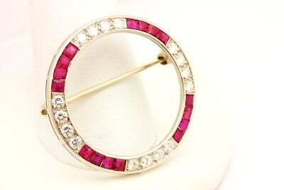 Platinum 2ctw ruby diamond circle pendant brooch estate vintage 14k Art Deco