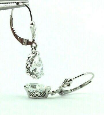 14k white gold pear shape CZ dangle earrings fleur de lis scroll leverback new
