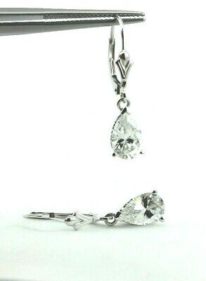 14k white gold pear shape CZ dangle earrings fleur de lis scroll leverback new