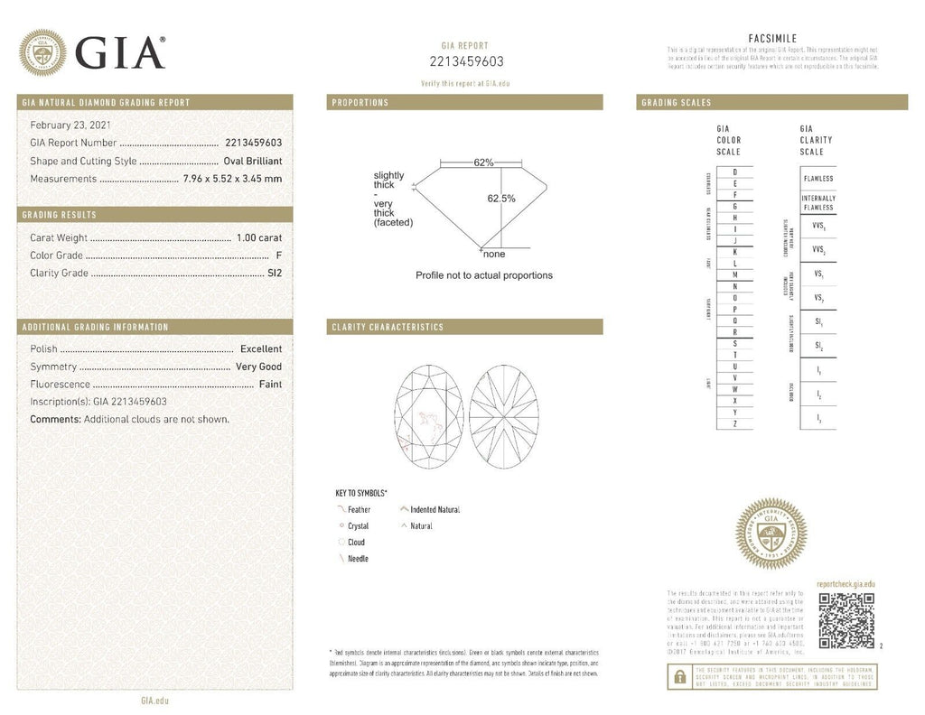 GIA natural diamond oval brilliant 1.00ct F SI2 7.96x5.52x3.45mm new loose